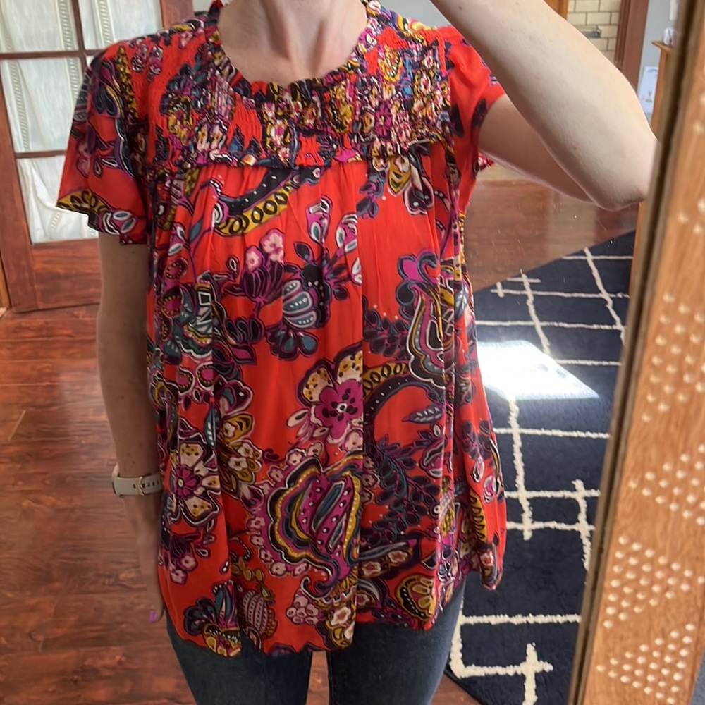 Anthropologie orange large-print paisley blouse